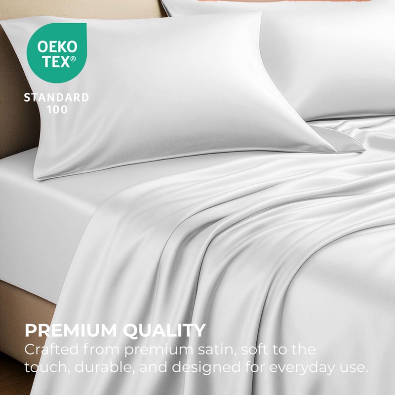 Pure Bedding Satin Sheets Twin [3-Piece, White] Hotel Luxury Silky Bed Sheets - Extra Soft 1800 Microfiber Sheet Set, Wrinkle, Fade, Deep Pocket Fitted Sheet, Flat Sheet, Pillow Cases - Image 2
